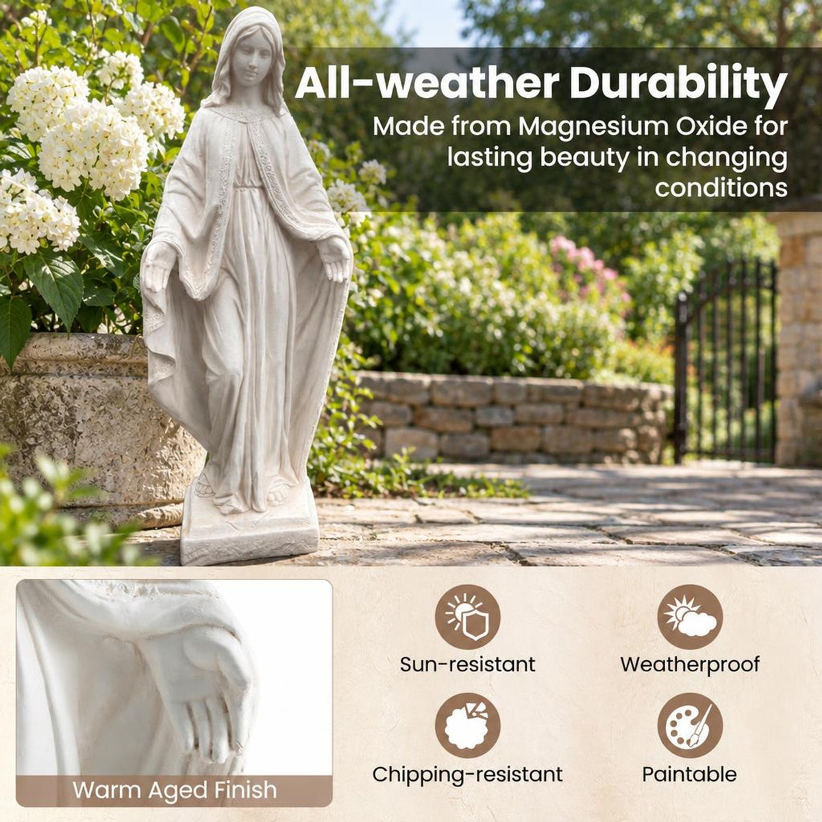 Airfind 31.5 Inch Virgin Mary Statue with Aged Finish for Yard Patio, Magnesium Oxide Fiber Filaments Frame, 8.5 x 8.5x 31.5 Footprint, White