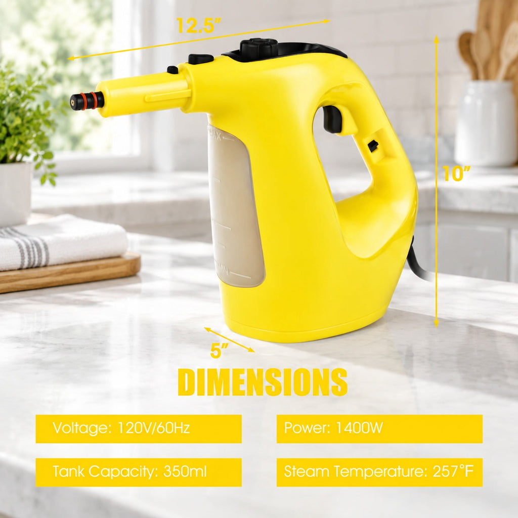 Airfind 1400W Handheld Steam Cleaner with 14-Piece Accessory Kit and Child Lock, PP Frame, 13 x 5 x 9.5 Footprint, Yellow