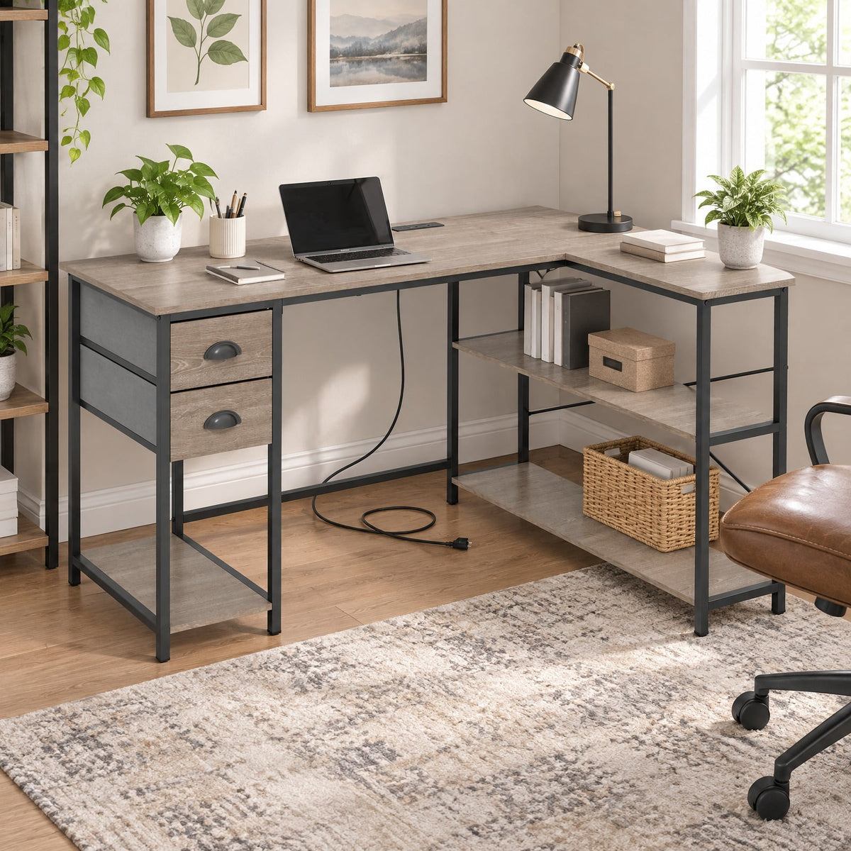 Airfind L Shaped Desk with Charging Station Corner Computer Desk with 2 Fabric Drawers, 110 lbs Capacity, Engineered Wood Metal Fabric Frame