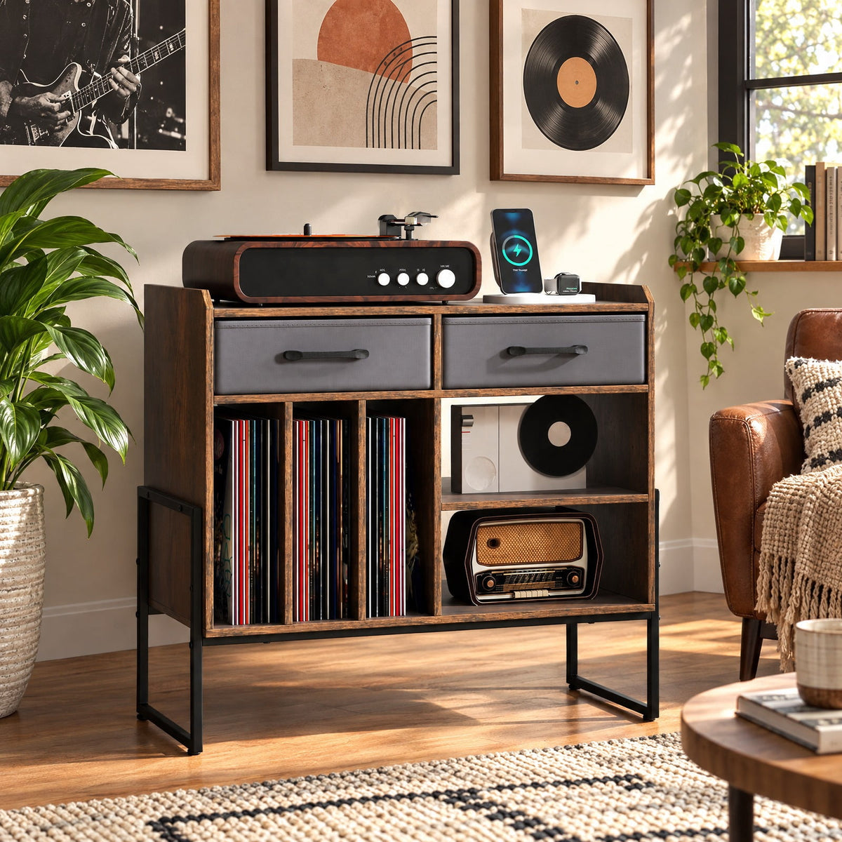 Airfind Large Record Player Stand with Charging Station Mid Century Modern Vinyl Storage Cabinet, 209 lbs Capacity, 30in x 14in x 27in Inside Footprint
