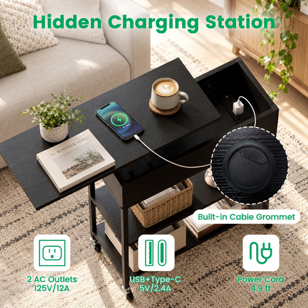 Airfind Lift Top End Table with Charging Station and Universal Wheels, 121 lbs Capacity, Engineered Wood Metal Frame, 24 x 9.5 x 25.5 Footprint