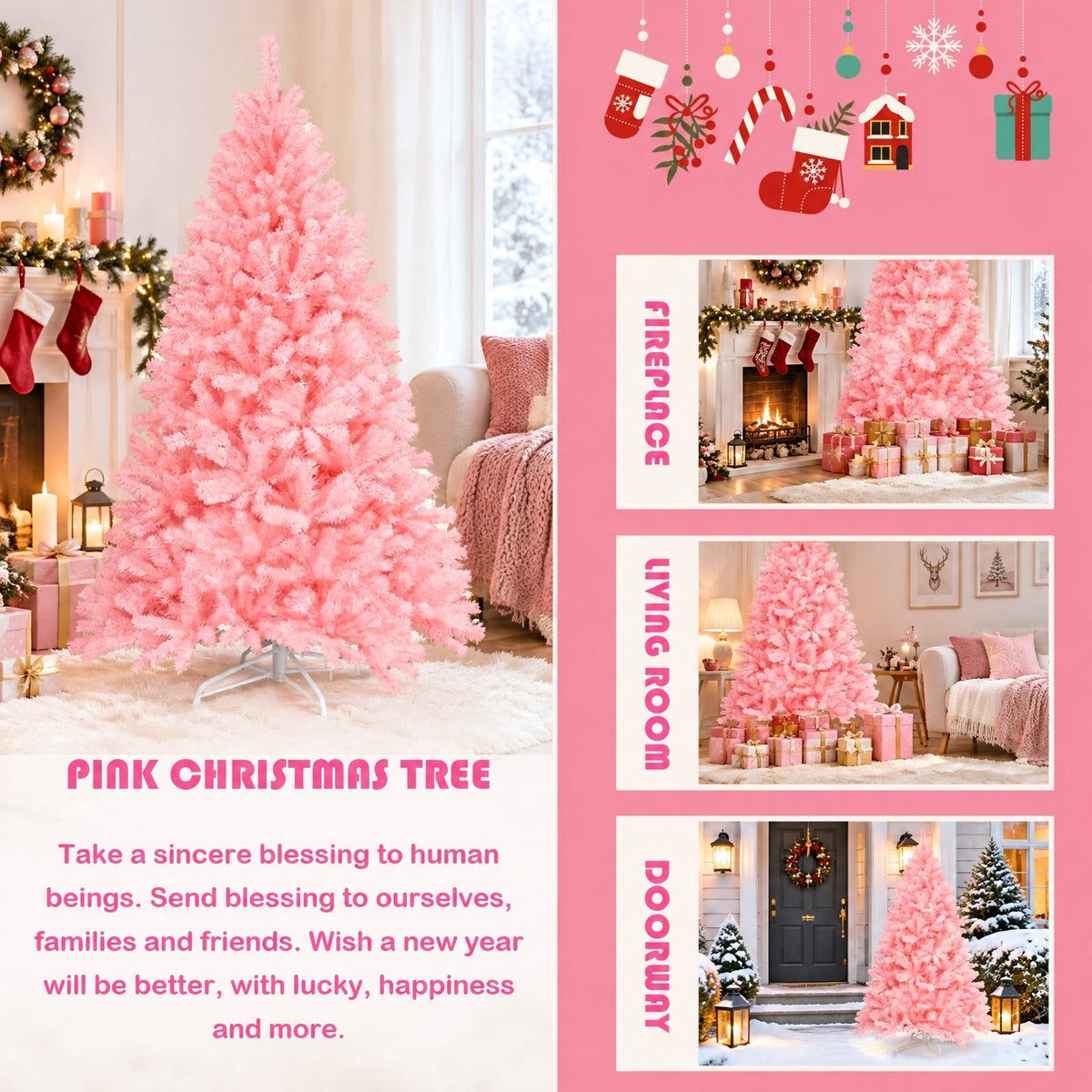Airfind 6 Feet Pink Artificial Hinged Spruce Full Christmas Tree with Foldable Metal Stand, New PVC Frame, Pink