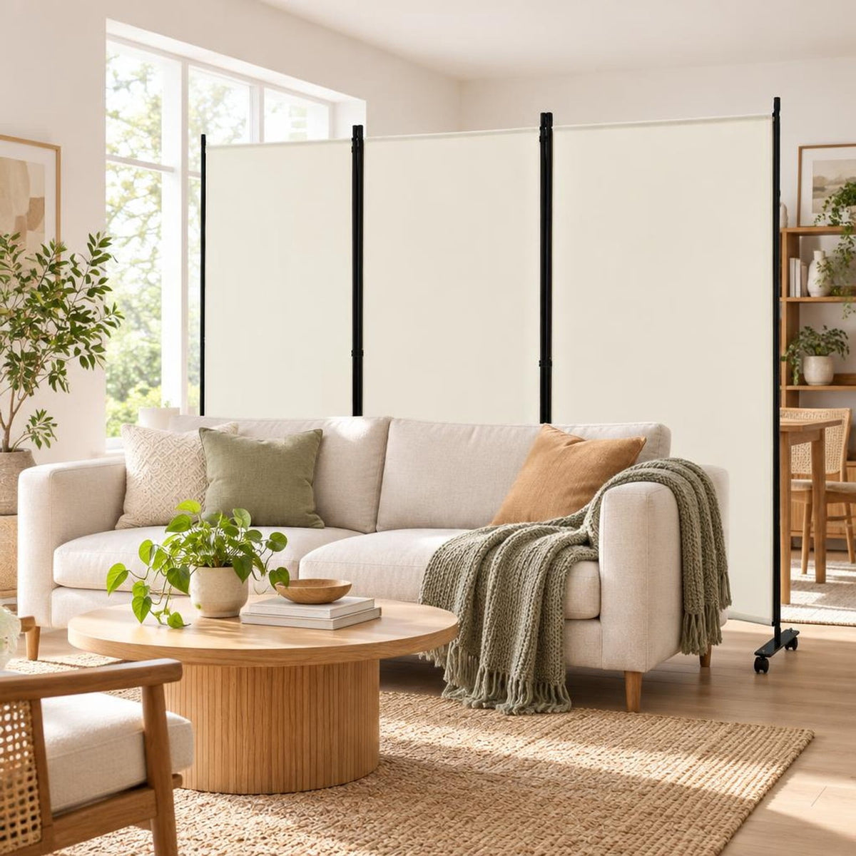 Airfind 3 Panel Folding Room Divider with Lockable Wheels, Metal Polyester Fabric Tiled Frame, 103 x 12 x 71 Footprint, White