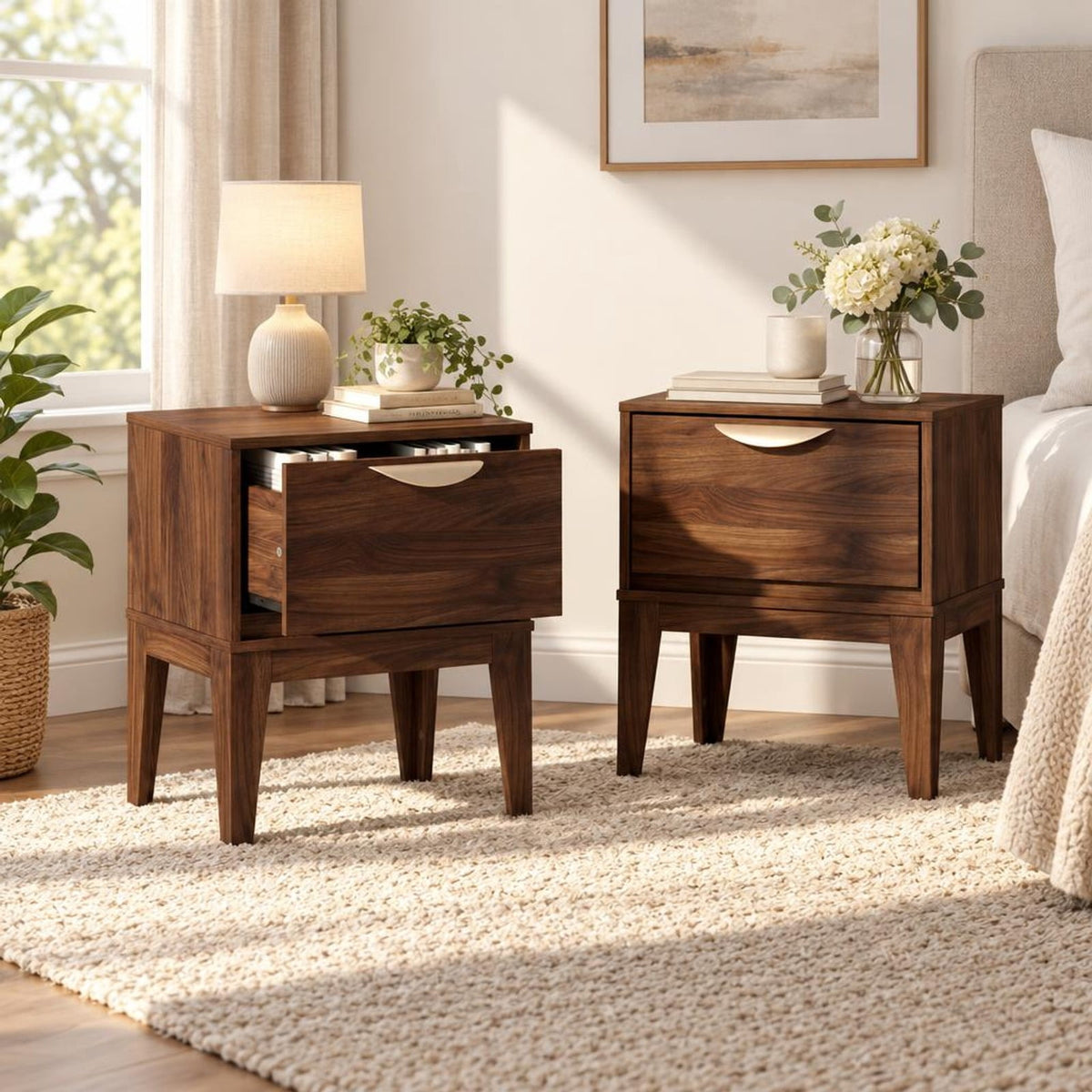 Airfind Mid Century Modern Bedside Table with Drawer and Tapered Support Feet for Bedroom, 45 lbs Capacity, Engineered Wood MDF Metal Frame, Walnut
