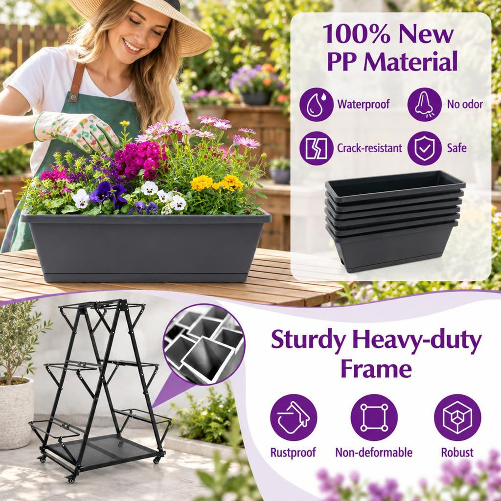 Airfind 3-Tier Vertical Raised Garden Bed with 4 Wheels and 6 Container Boxes, Carbon Steel PP Metal Frame, 38 x 23 x 47 Footprint, Black