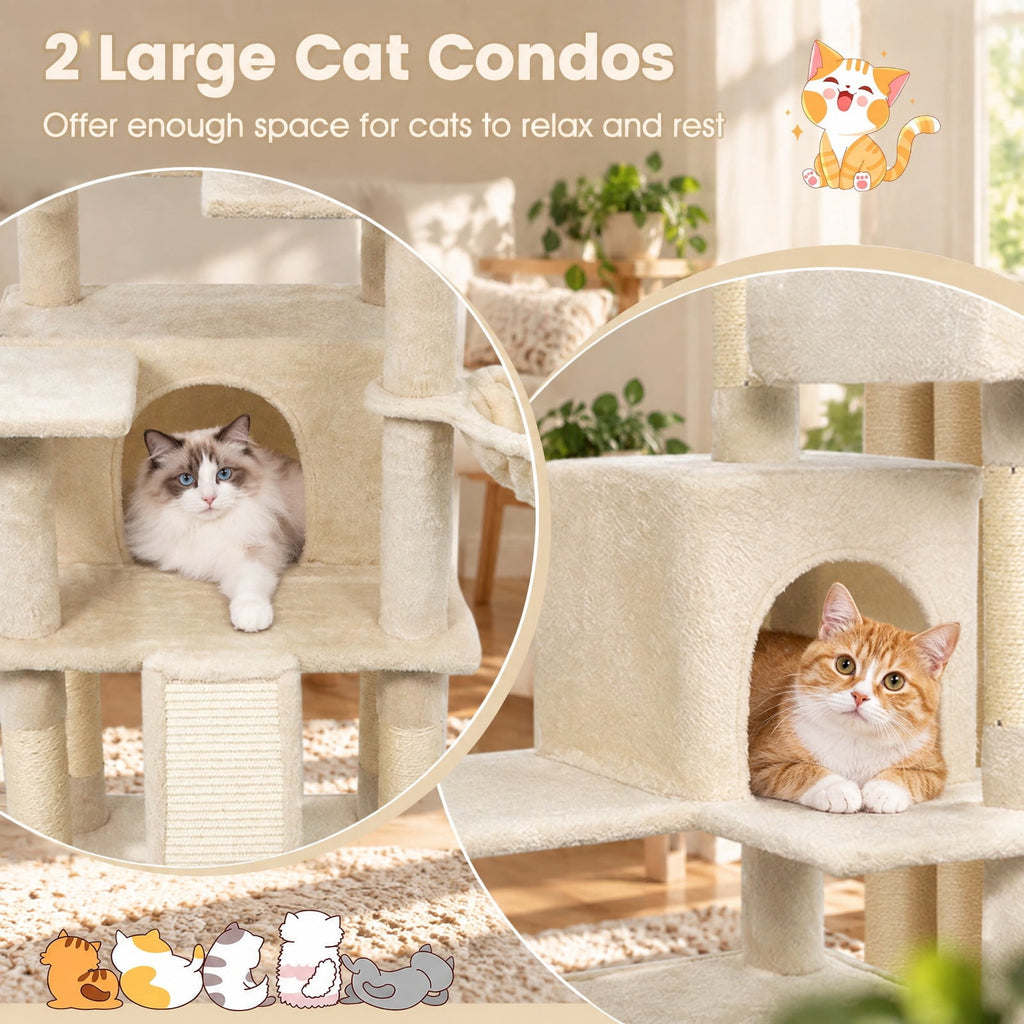 Airfind 65 Inch Tall Multi-level Cat Tree with 3 Upholstered Perch and 2 Cat Condos, Fabric Sisal Engineered Wood Overall Height 65 Inch Base Frame