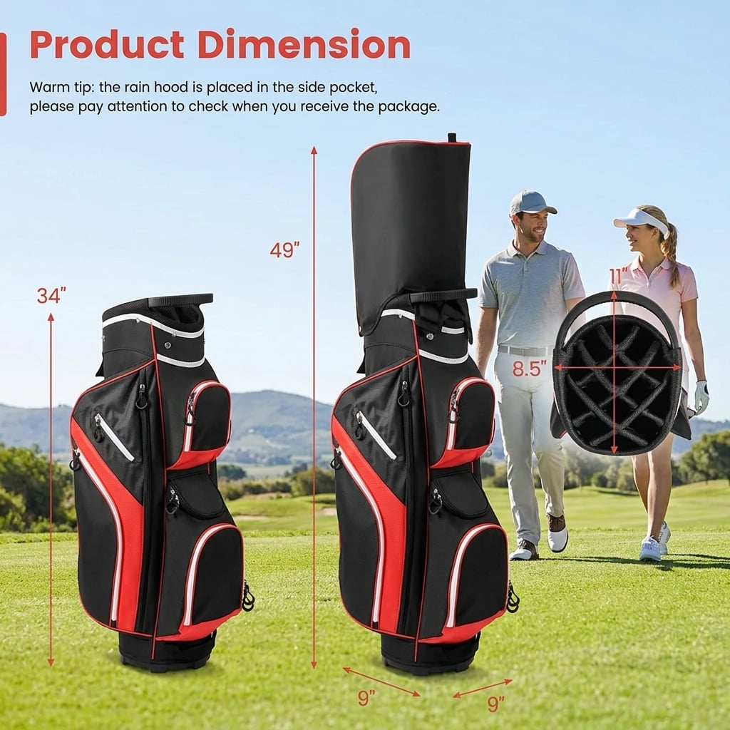 Airfind 14-Way Cart Bag with Rain Hood, Towel Ring and 9 Zippered Pockets, Red