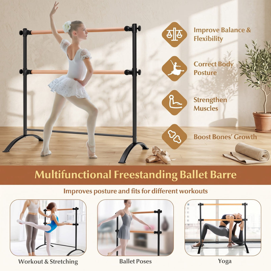 Airfind 4 Foot Freestanding Double Ballet Barre with Beech Wood Rails and 4 Level Height Adjustment for Studio and Home, Black
