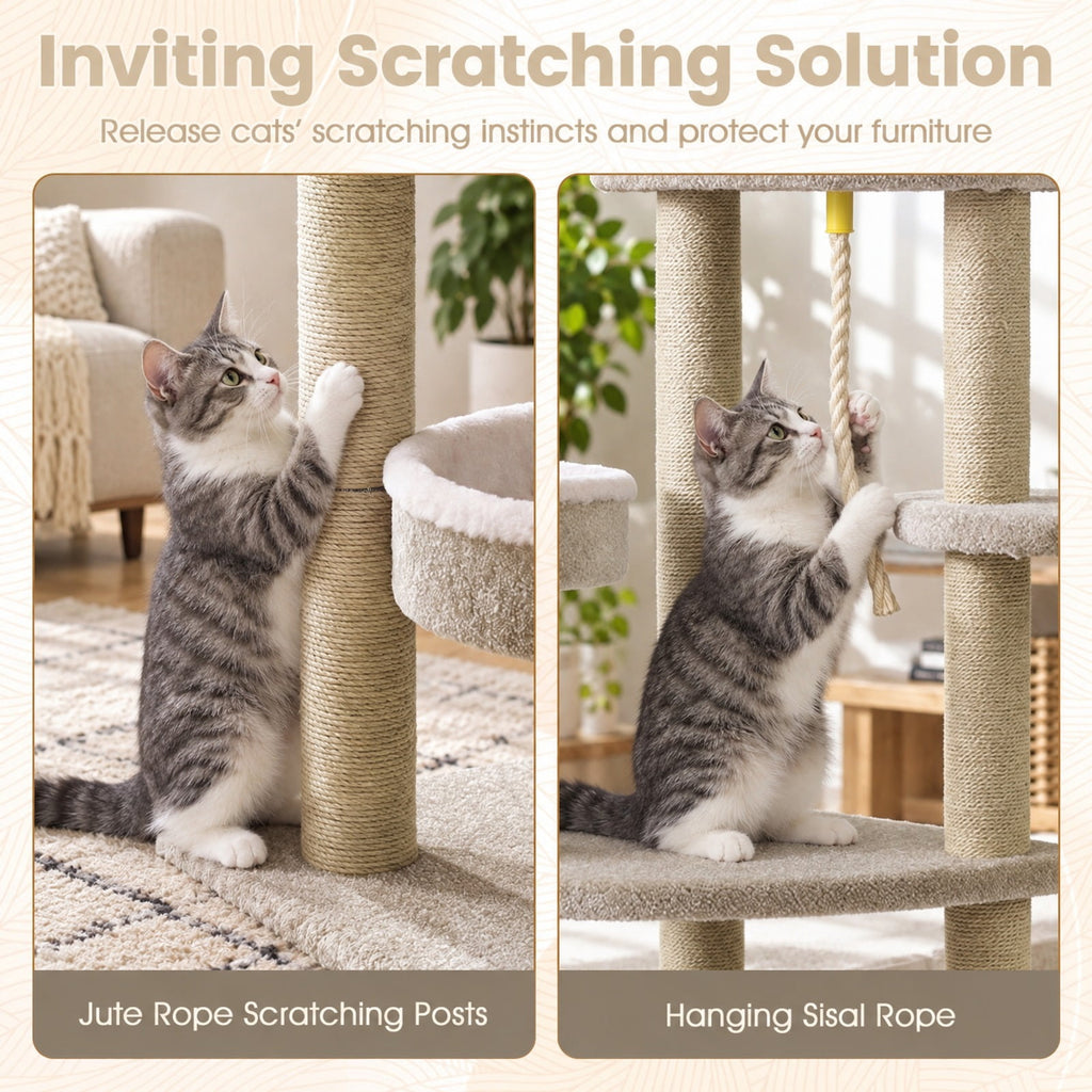 Airfind 51inCarpeted Cat Tree with Comfy Plush Perches for Indoor Cats, 33 lbs Capacity, Beige, Size 19.5in x 19.5in Top Perch