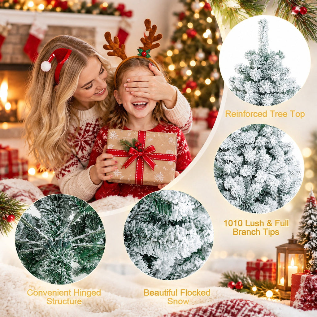 Airfind Snow-flocked Artificial Christmas Tree 7.5 Ft featuring 1010 Branch Tips, Hinged Sections and Metal Stand for Everyday Use, White