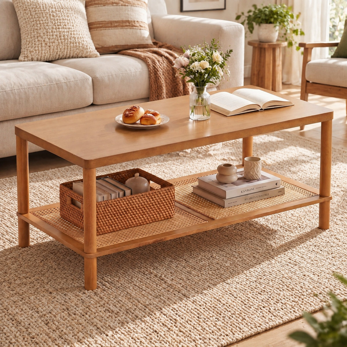 Airfind 2-Tier Boho Coffee Table for Living Room Rectangular Center Table with Rubber Wood Frame and PVC Rattan Storage Shelf, 185 lbs Capacity