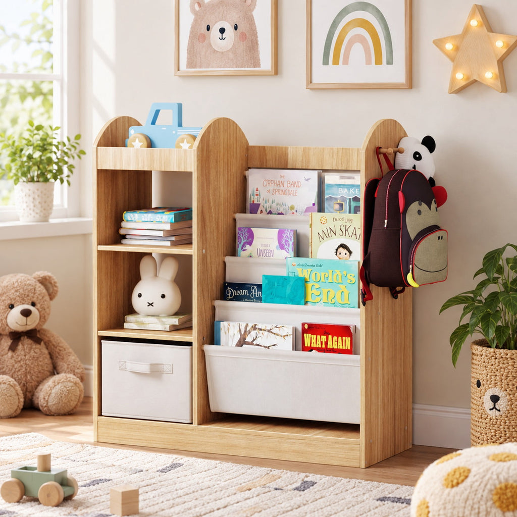 Airfind Toy Storage Organizer with 4-Tier Sling Shelves, 22 lbs Capacity, MDF Pine Wood Fabric Frame for Everyday Use, Natural