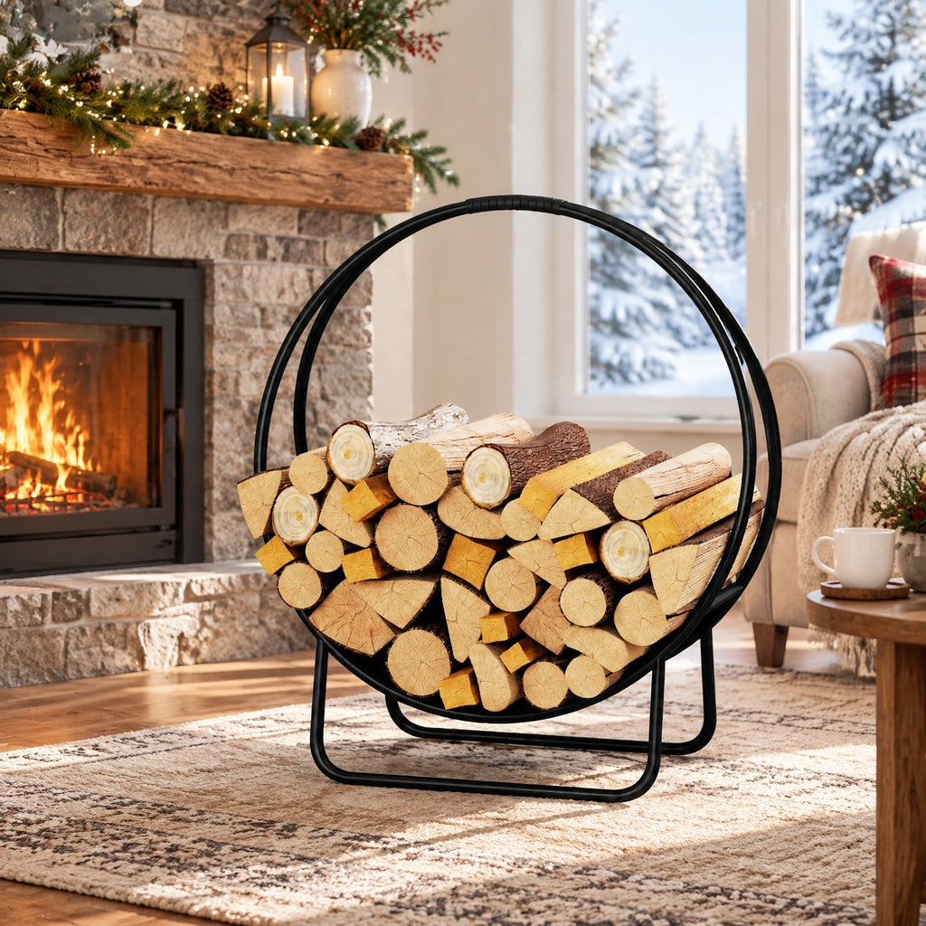 Airfind Firewood Log Hoop 20 Inch Round Heavy, 55 lbs Capacity, Metal Frame, 20 x 20 x 22 Footprint, Black