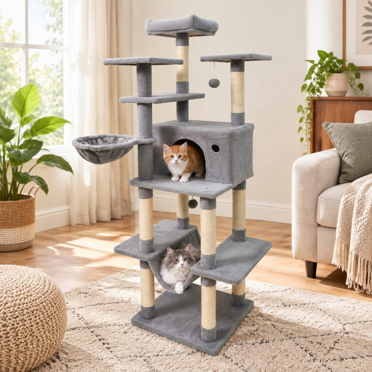 Airfind Large Cat Tree for Indoor Cats 63 Inch Tall Cat Tower, Plush Fabric Sisal Engineered Wood Base Frame, Gray