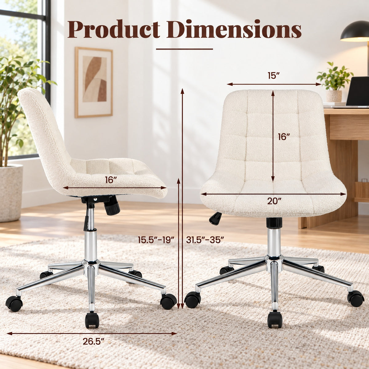 Airfind Teddy Fleece Armless Office Chair Makeup Vanity Chair, 250 lbs Capacity, Metal Teddy Fleece Sponge Nylon Frame, White
