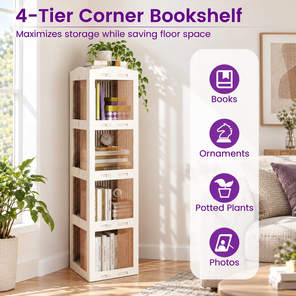 Airfind Bookshelf, 4-Tier Foldable Rotating, with Swivel Base and Translucent Panels, 22 lbs Capacity, PP ABS Frame, 14.5 Inch x 14 Inch x 56 Inch, White