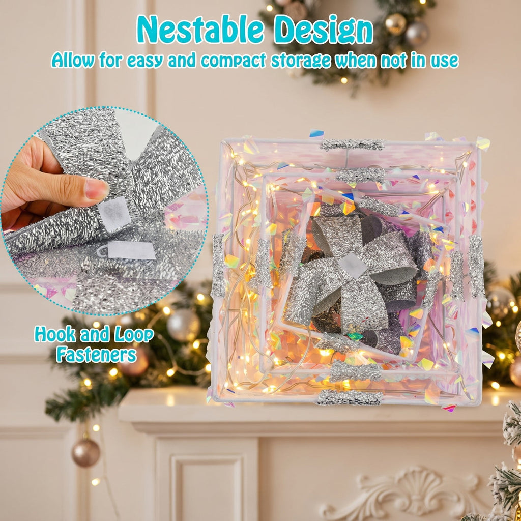 Airfind Set of 3 Christmas Lighted Gift Boxes with Pre-lit 90 LED Light and Bows, PVC Polyester Metal Frame, 10 x 10 x 10 Footprint