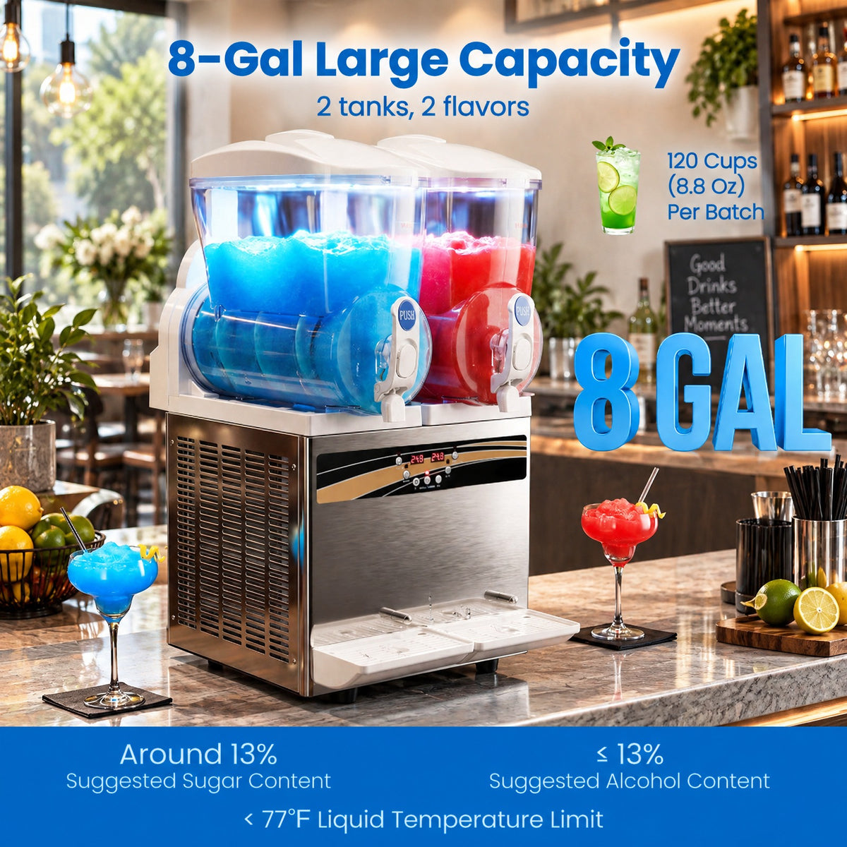 Airfind 8 Gal Commercial Slushie Machine with LED Lights, Silver, 2 tanks for serving drinks in 2 flavors, Get your slush prepared in about 30 minutes