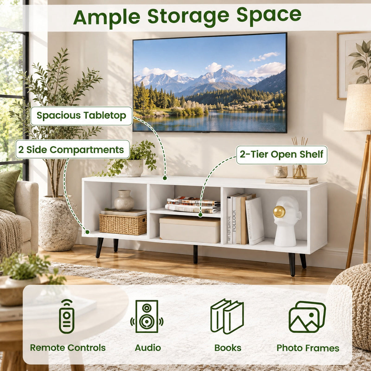 Airfind 47.5 Inches TV Stand for 55-Inch TV with Compartments and Metal Legs, 132 lbs Capacity, Engineered Wood MDF Metal Frame, White