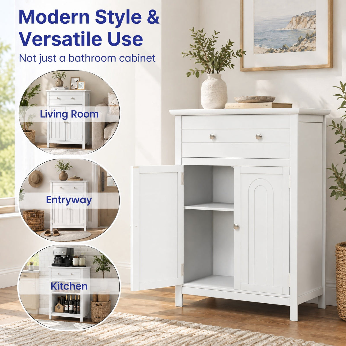 Airfind Free Standing Bathroom Storage Cabinet with Large Drawer, 110 lbs Capacity, MDF Frame, 23.5in x 12in x 31.5in Footprint, White