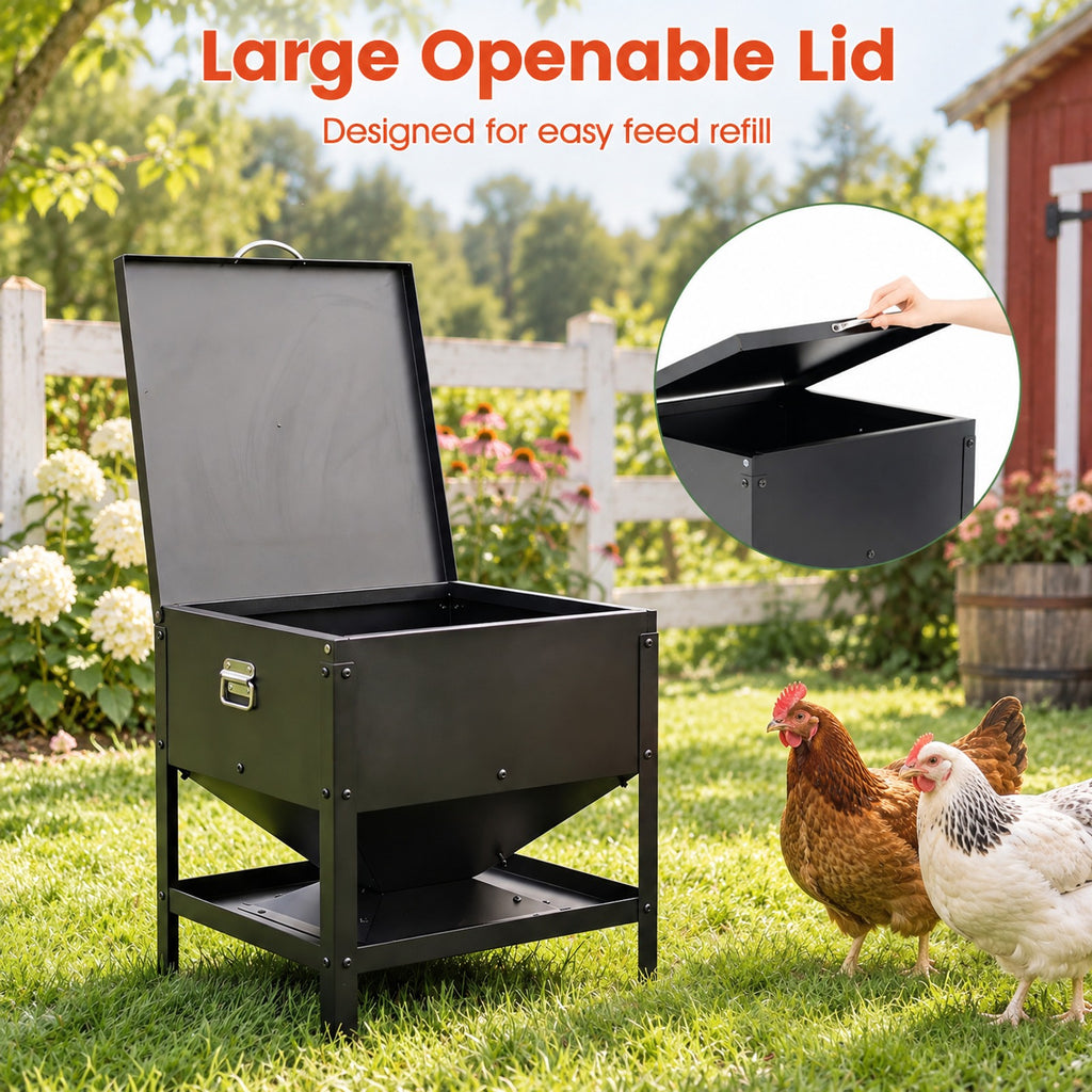 Airfind Large Capacity Chicken Feeding Box with Openable Lid, Galvanized Metal Stainless Steel for Convenient Everyday Use, Black