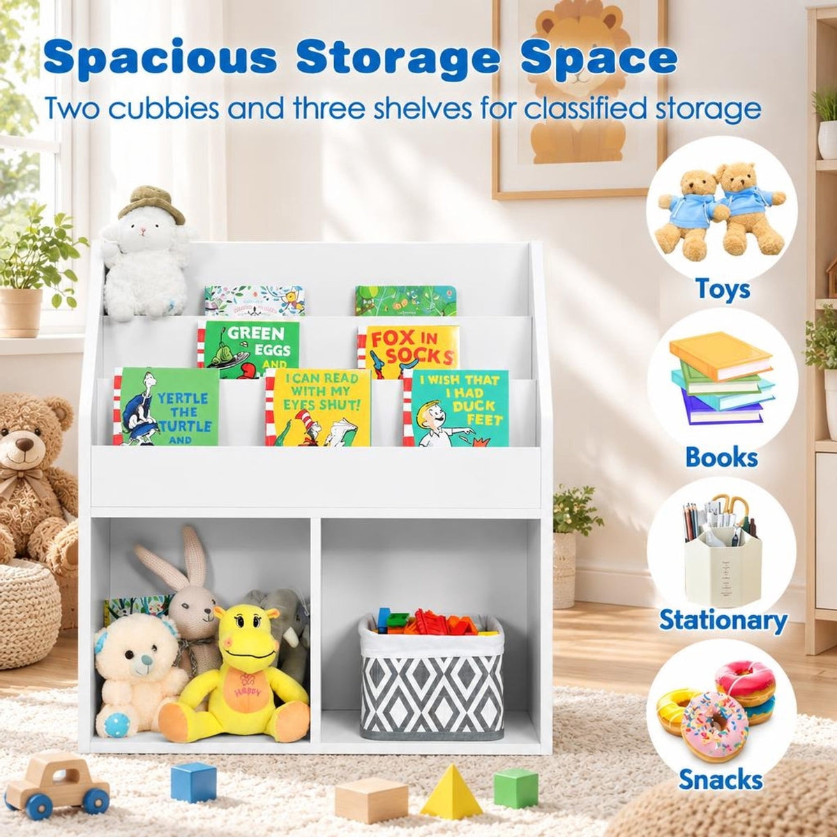 Airfind Kids Wooden Bookshelf Bookcase Children Toy Storage Cabinet Organizer, Engineered wood Frame, 29in x 12in x 32in Footprint, White