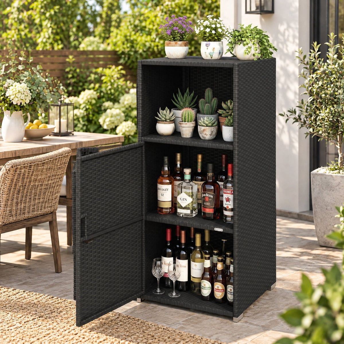 Airfind Outdoor PE Wicker Storage Cabinet with Door and Open Compartment for Patio, Shelf 66 lbs Capacity, PE Rattan Metal Frame, Black
