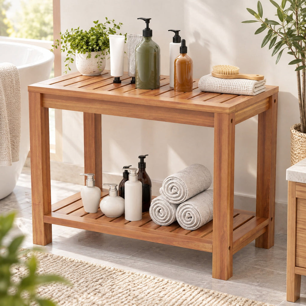 Airfind 24 Inch Teak Wood Shower Bench Inside Shower Stool with Storage Shelf, Teak Wood 19 Inches Frame, 19 x 12.5 x 17.5 Footprint, Wood