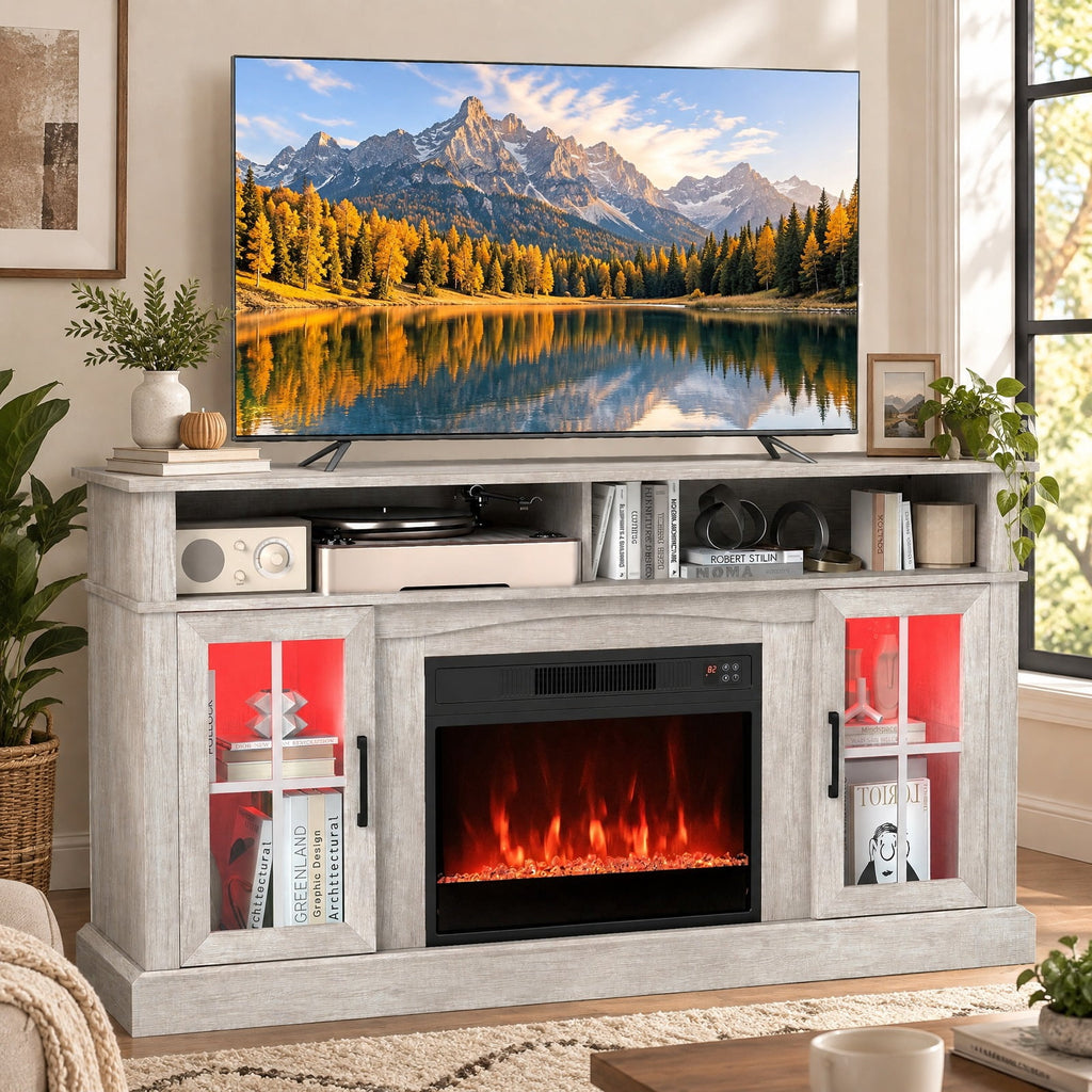 Airfind 58 Inch Fireplace TV Stand with LED Lights with Storage Cabinets and Glass Doors, 70 lbs Capacity, MDF Metal Tempered Glass Frame, Gray