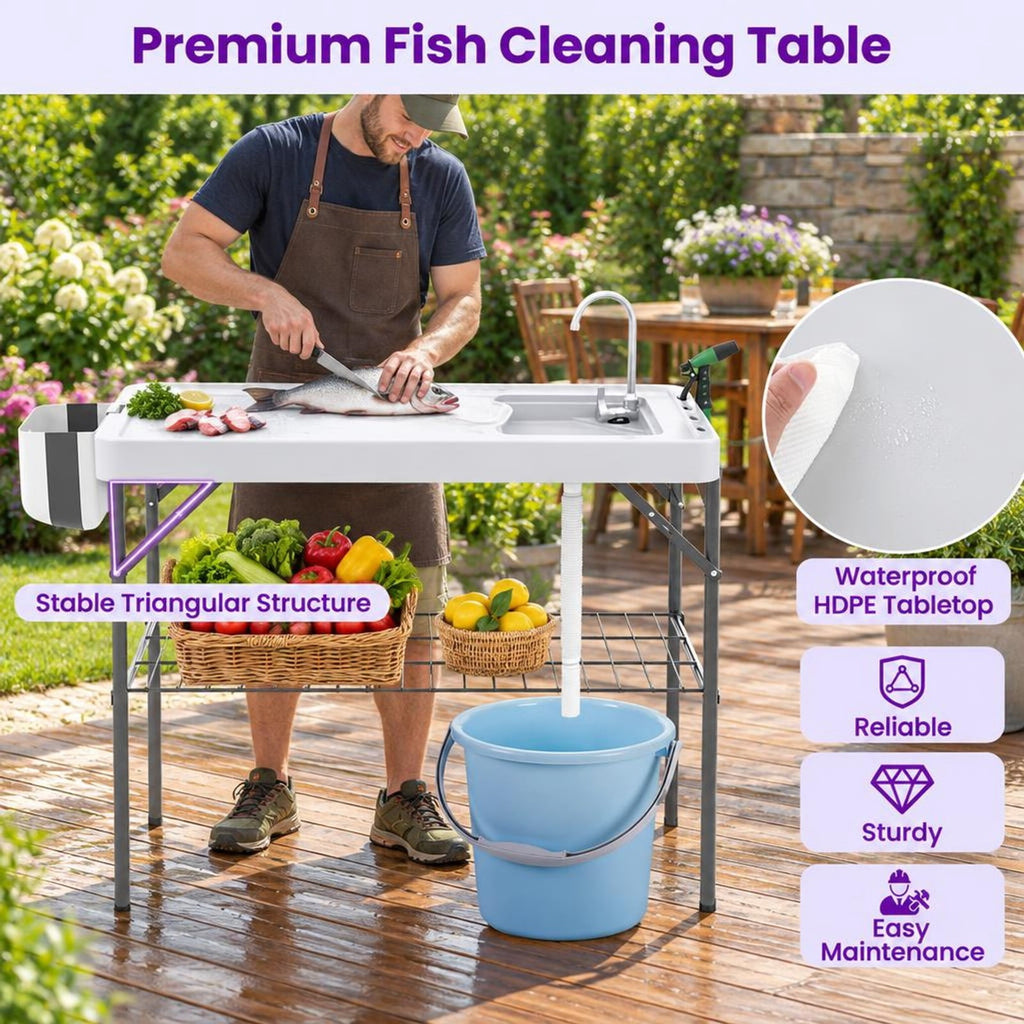 Airfind 2 in 1 Folding Fish Cleaning Table with Sink and Faucet for Patio BBQ, 330 lbs Capacity, HDPE Metal Stainless Steel Frame, White+Black