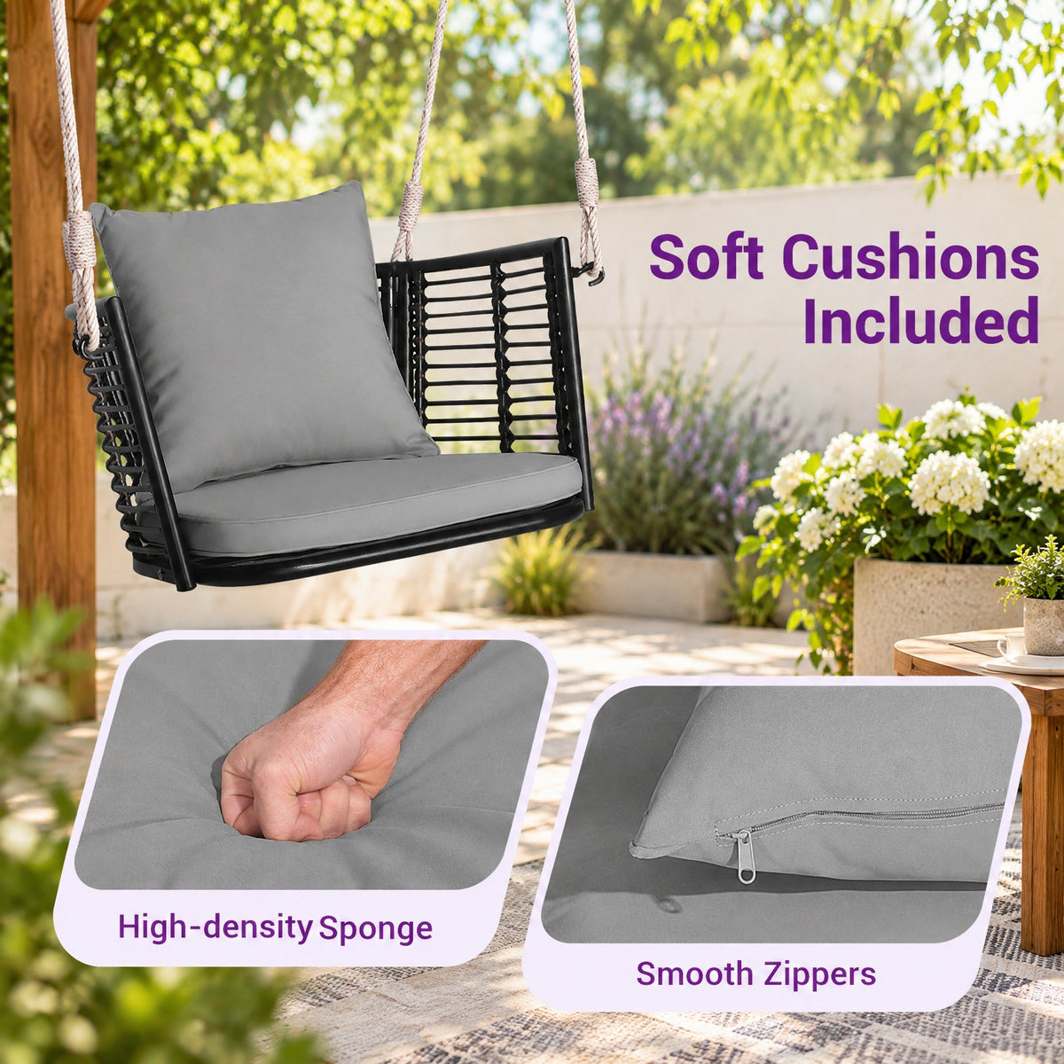 Airfind Single Person Hanging Seat with Woven Rattan Backrest for Backyard, 400 lbs Capacity, 30.5 x 24.5 x 15 Suitable Hanging Footprint, Gray