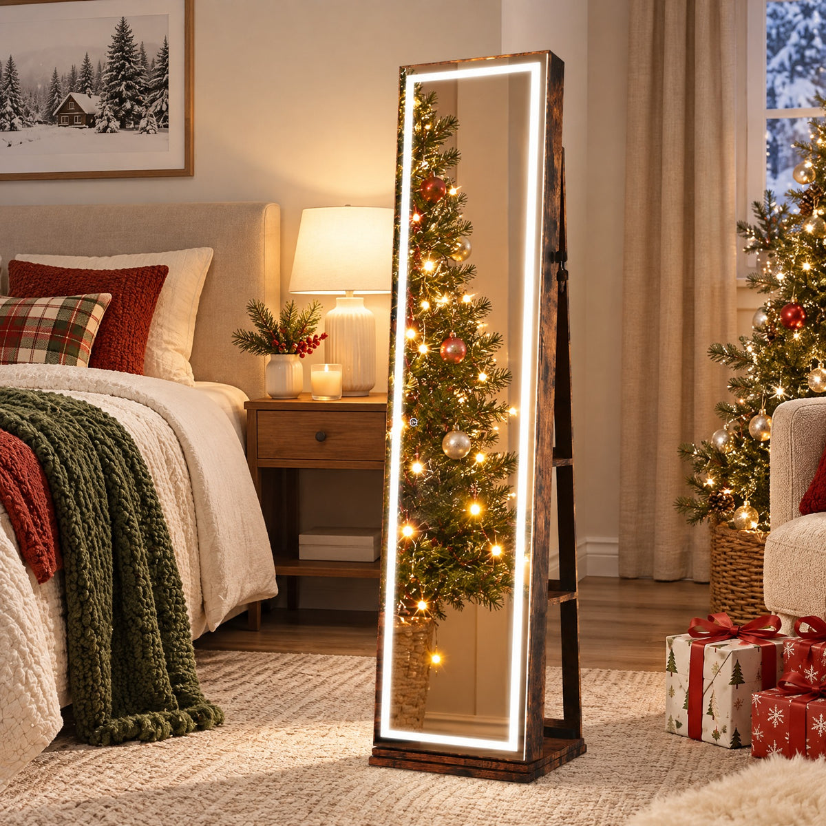 Airfind 360° Swivel Freestanding Jewelry Cabinet with Lighted Full Length Mirror, MDF Frame, Brown, Open storage shelves for easy reach