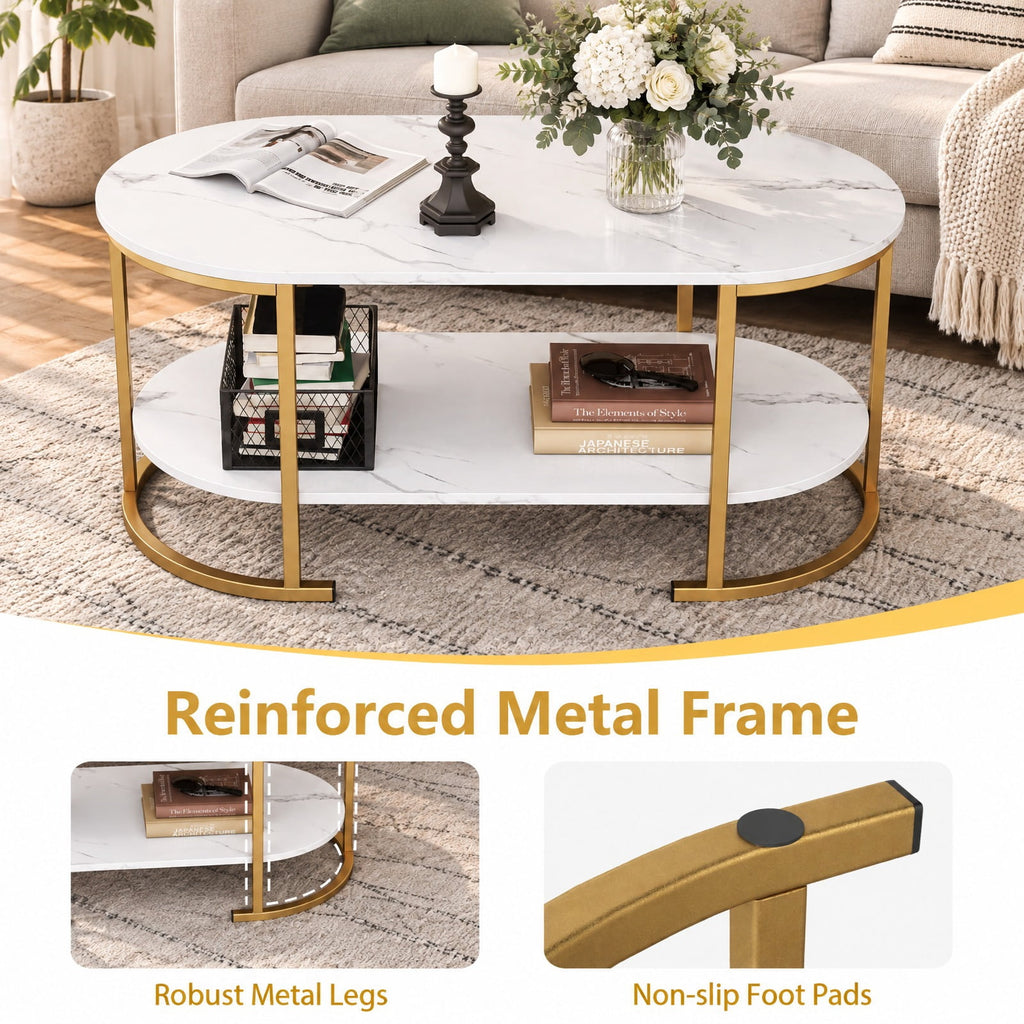 Airfind Oval Coffee Table 2-Tier Wooden Accent Table with Spacious Tabletop and Open Storage Shelf, Engineered Board Metal Frame, White