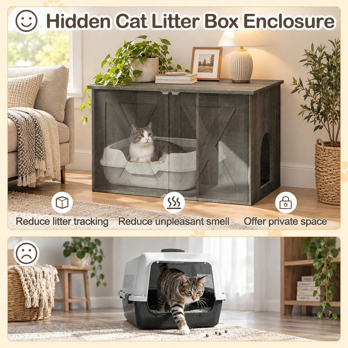 Airfind Hidden Cat Litter Box Enclosure Furniture with Divider, Oak, Large tabletop for plants decorations or storage, Oak/White, for Easy Setup