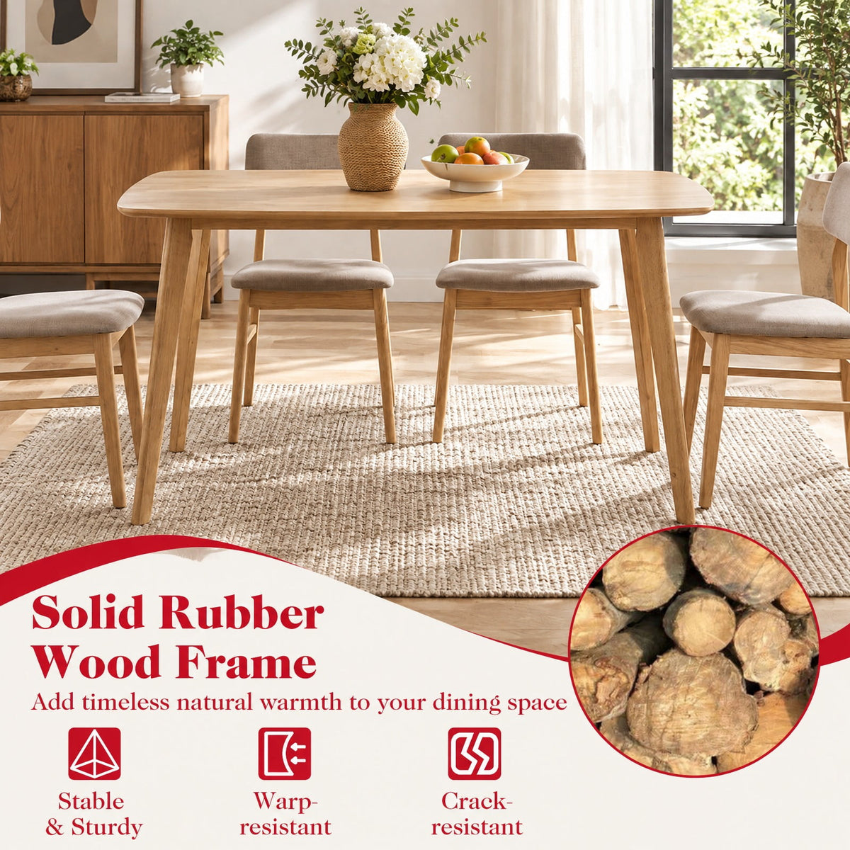 Airfind 55 Solid Wood Dining Table for 4-6 People with Rounded Edges, 220 lbs Capacity, 55 x 27.5 x 30 Footprint, Natural