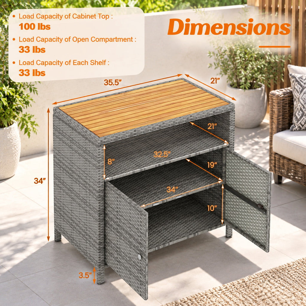 Airfind Rattan Storage Cabinet with Acacia Wood Countertop for Poolside Deck and Patio, 100 lbs Capacity, PE Rattan Acacia Wood Metal Frame, Gray