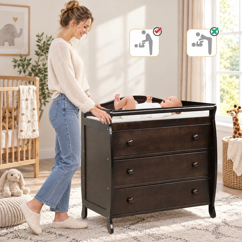 Airfind Baby Changing Table Infant Diaper with 3 Drawers and Safety Belt, Pine wood rubber wood MDF Frame, Brown