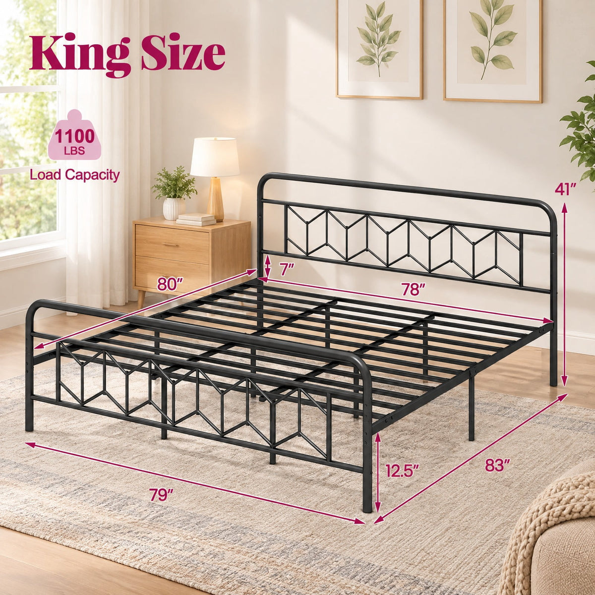 Airfind Platform Bed with High Headboard and Snap Lock Metal Slats, 1100 lbs Capacity, Metal Frame, 78 x 55 x 41 Footprint