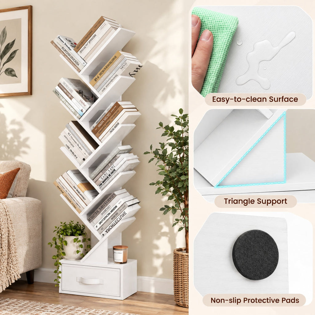 Airfind 10-Tier Bookshelf with Drawer Free-standing Storage Bookcase, 26.5 lbs Capacity, 13 x 7 x 5.5 (L x W x H)Overall Footprint, White