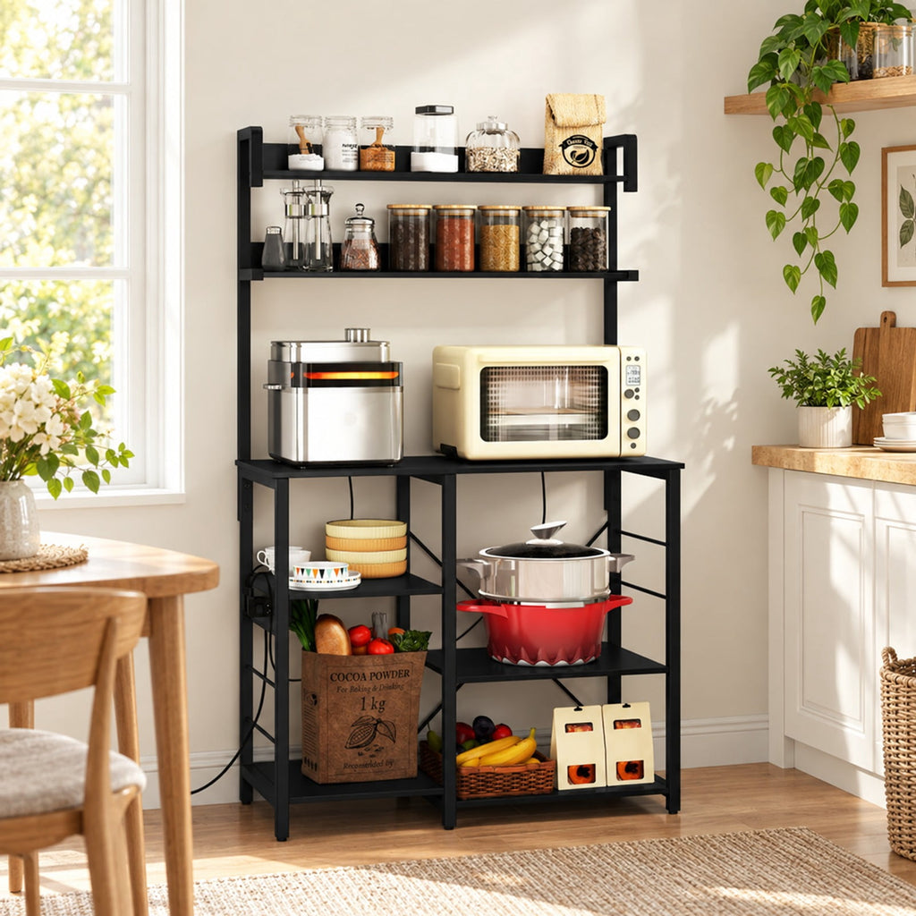 Airfind Kitchen Bakers Rack with Power Outlet 5, Tier Microwave Oven Stand with LED Lights, Black, Adjustable in 10 brightness levels and 10 speeds