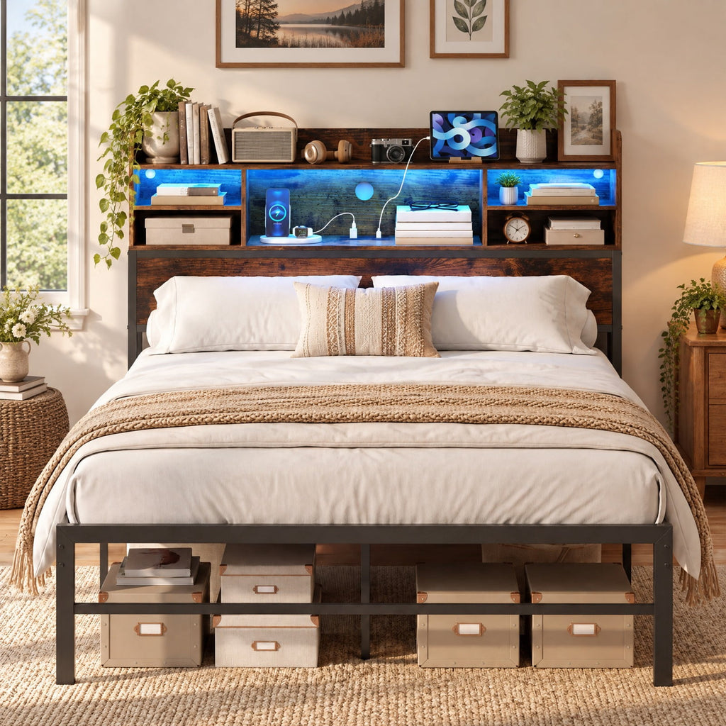 Airfind Full Size Bed Frame with Headboard LED Lights and Charging Station, 660 lbs Capacity, Metal Engineered Wood MDF Frame, Brown