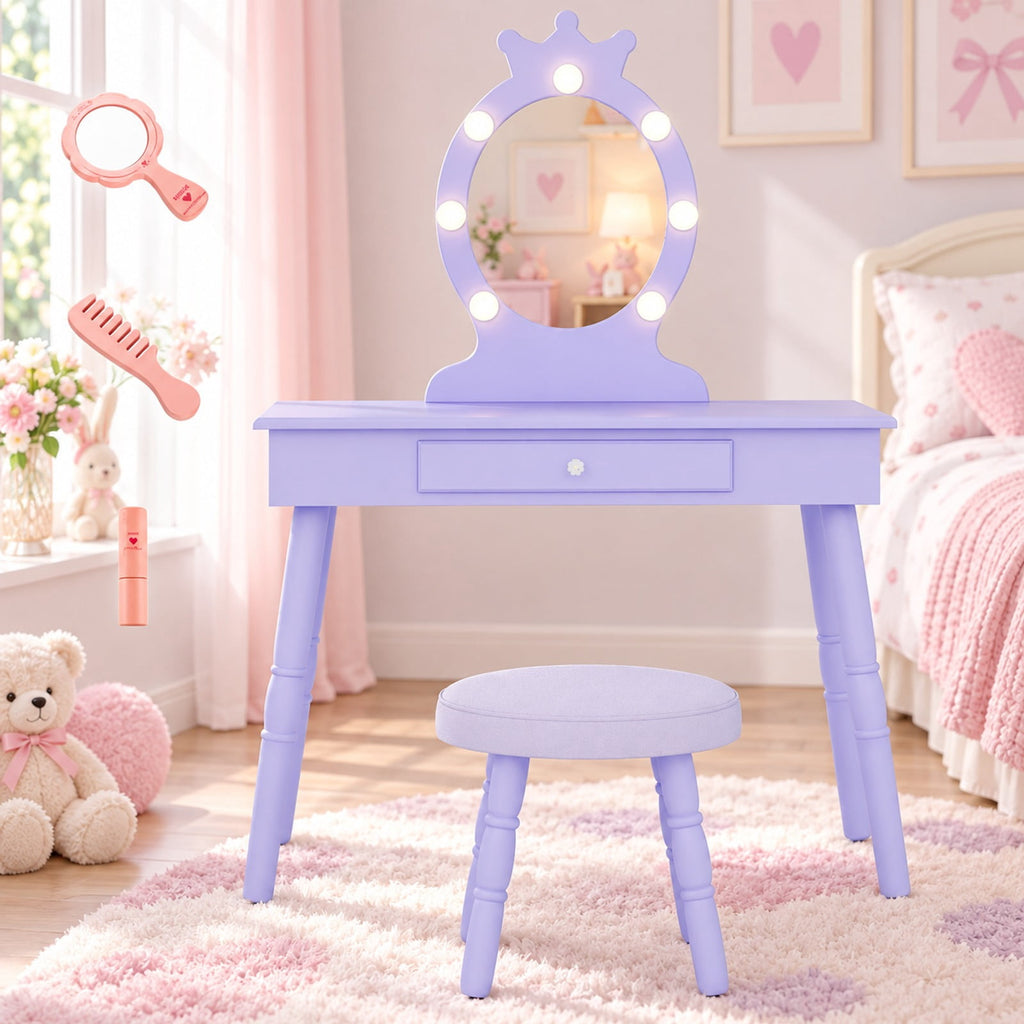 Airfind Kids Vanity Set with Lighted Mirror with Adjustable Brightness and Large Drawer, 110 lbs Capacity, MDF Frame, for 3-7 Years Old, Purple