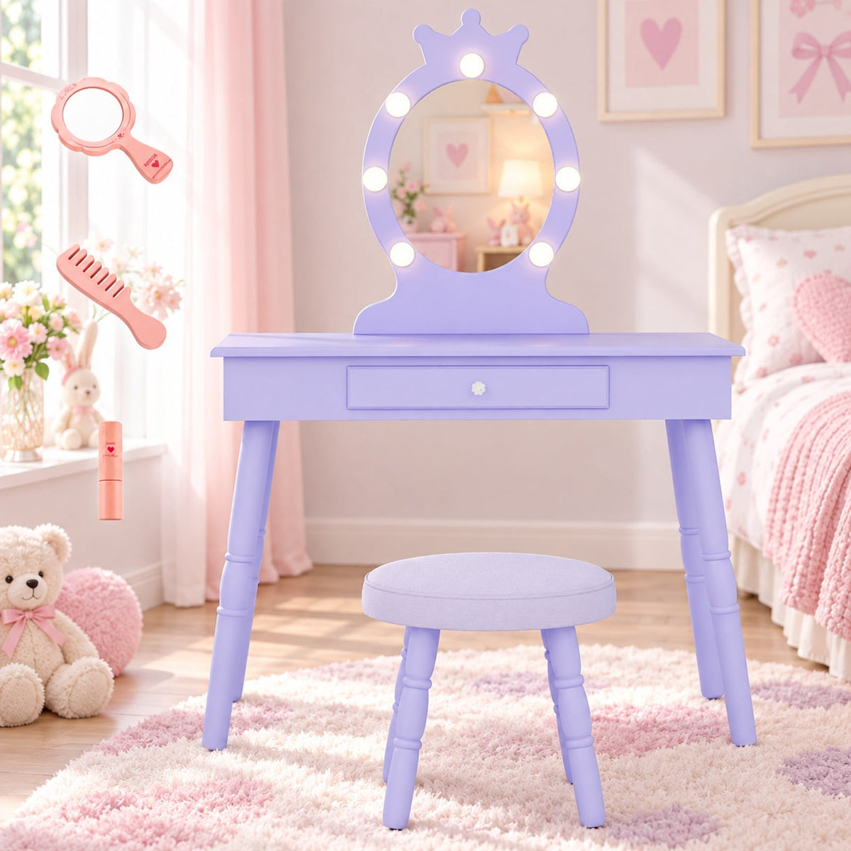 Airfind Kids Vanity Set with Lighted Mirror with Adjustable Brightness and Large Drawer, 110 lbs Capacity, MDF Frame, for 3-7 Years Old, Purple