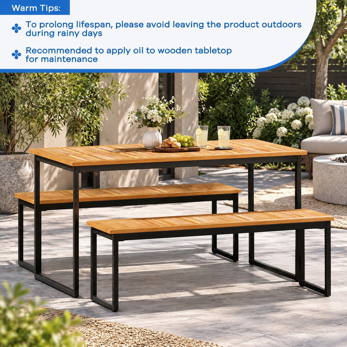 Airfind Patio Dining Bench Backless with Slatted Seat and Metal Legs, Acacia Wood Metal Frame, 51 x 14 x 16.5 Maximum Weight 800 lbs Footprint