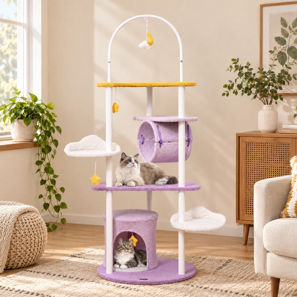Airfind 62 Inches Large Cat Tower with Metal Frame and Jumping Platforms, 22 lbs Capacity, Purple, Diameter 24 Cat House