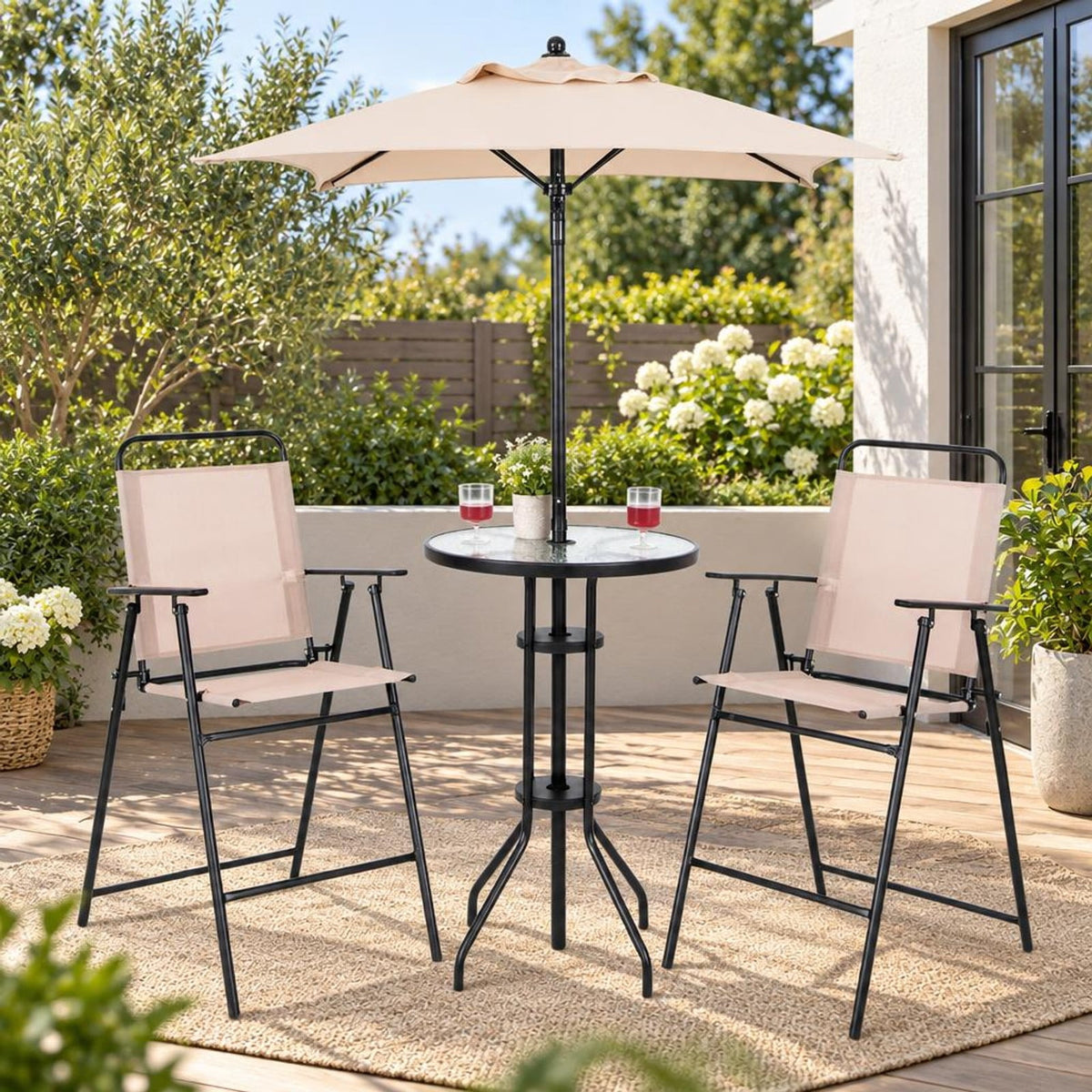 Airfind 4 Pieces Outdoor Bar Set with Umbrella, 110 lbs Capacity, Fabric Metal Tempered Glass Polyester Frame, 24 x 24 x 36 Footprint, Beige