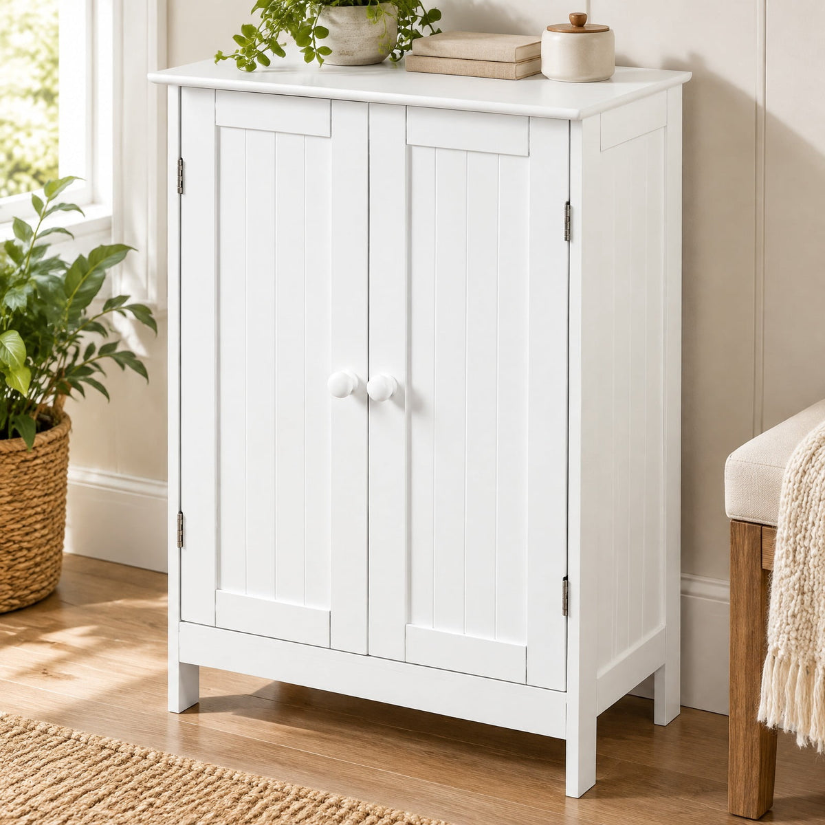 Airfind Bathroom Floor Storage Double Door Cupboard Cabinet, 22 lbs Capacity, MDF Frame, 24in x 14in x 34.5in Footprint, White
