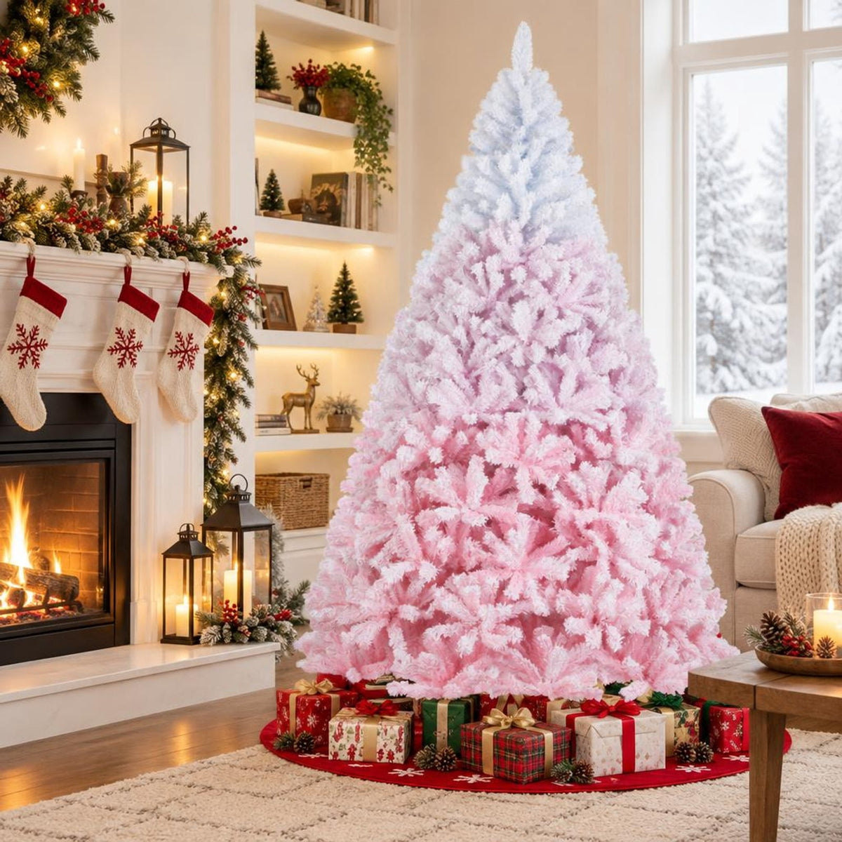 Airfind 2025 New Artificial Christmas Tree with Folding Metal Stand and 456 Branch Tips-8 FT, Pink, Diameter of Stand 16in 18in 20in 22in