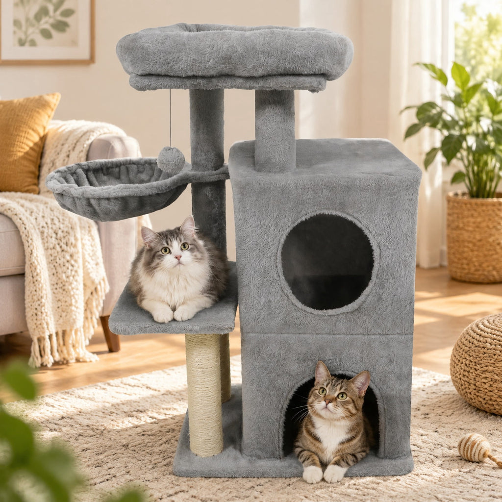 Airfind 33.5 Inch Cute Kitten Tower with 2-Tier Condo and Padded Top Perch, 22 lbs Capacity, Engineered Board Sisal Plush Fabric PP Polyester Frame