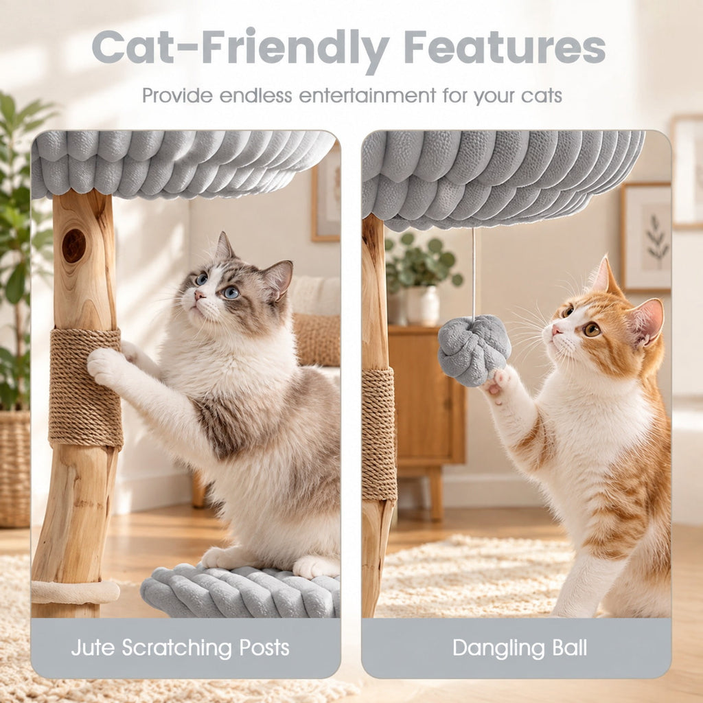 Airfind Solid Wood Cat Tree 41 Inch with Real Branches Scratching Posts and Cozy Bed, 22 lbs Capacity, Pear Wood Frame, 22 x 16 x 41 Footprint